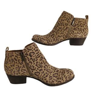 Lucky Brand Basel Women's 8.5 Leopard Print Leather Ankle Booties Side Zip Heel
